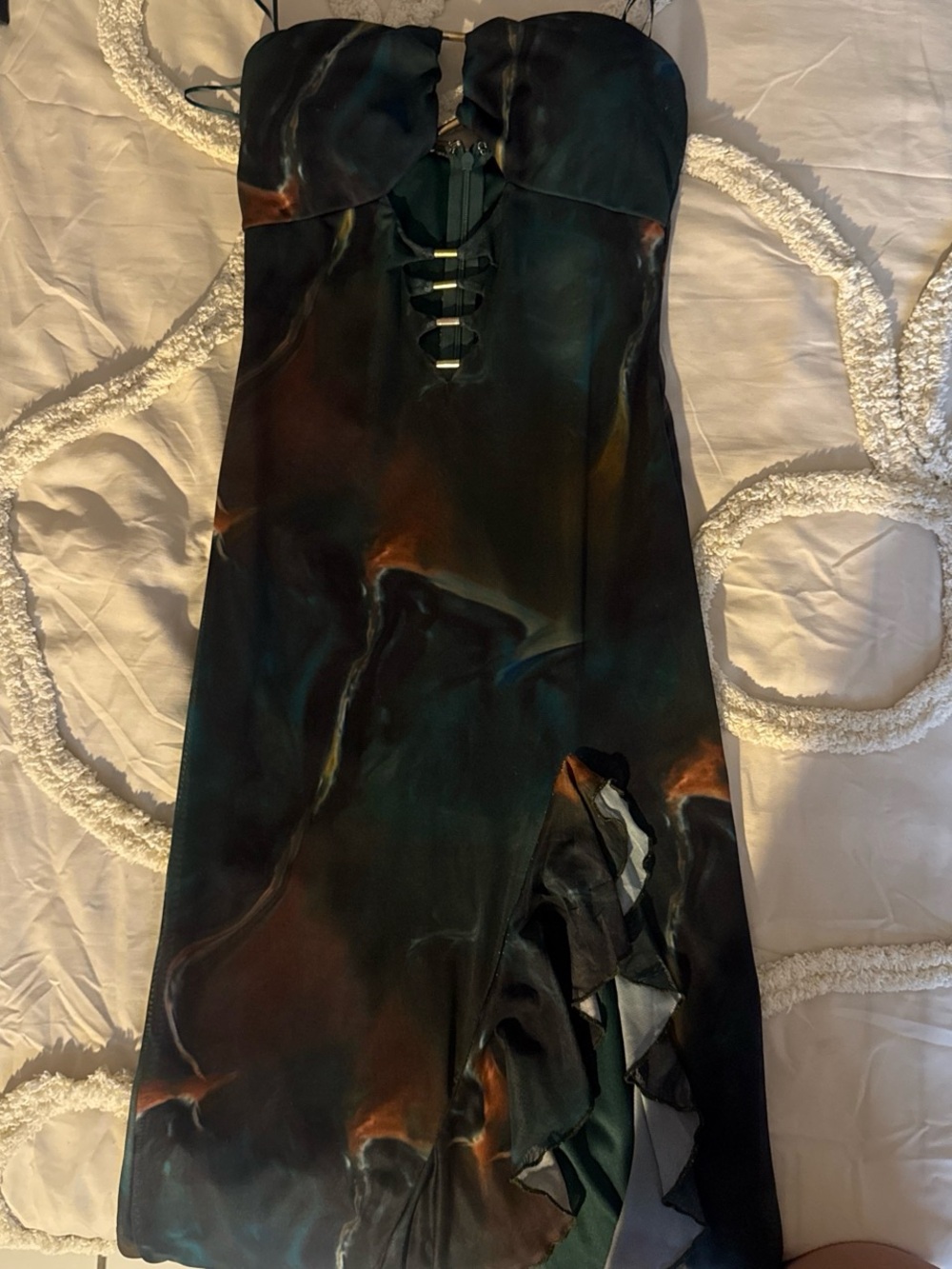 Lovely Day Emerald Green Satin Dress with Gold Accents